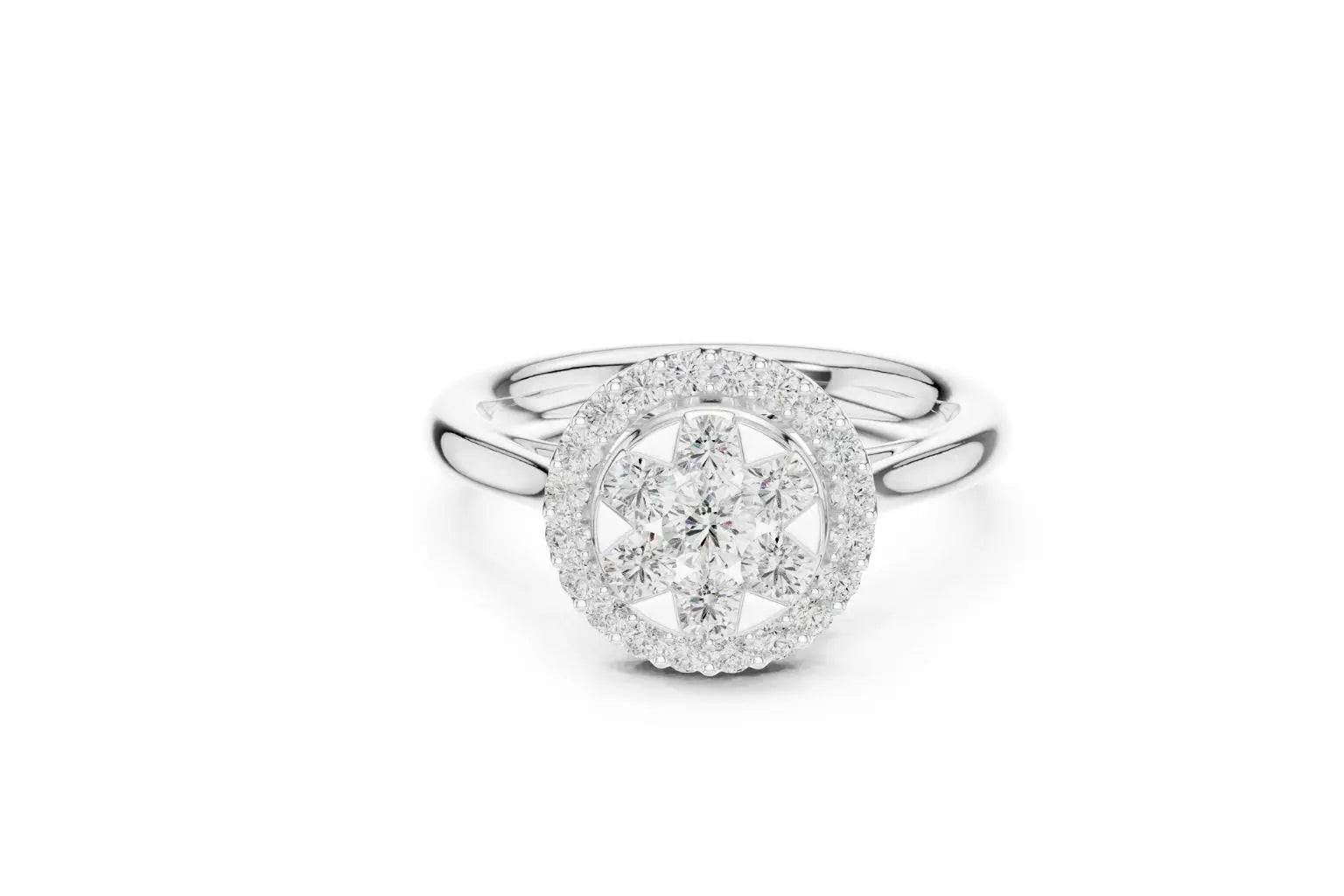 A bright silver ring featuring a large, oval-shaped setting. The center is a cluster of round diamonds arranged in a floral or star pattern, surrounded by a tight pave diamond halo. The highly polished band is sleek and simple.