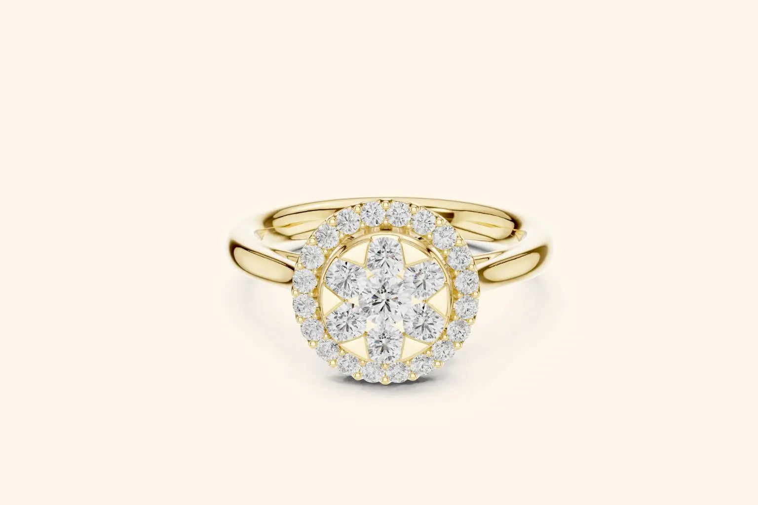 A rich pure gold ring with a prominent diamond setting. The centerpiece is an oval cluster of round brilliant diamonds arranged to resemble a large bloom or star, which is encircled by a dazzling pave-set diamond halo. The band is polished and sleek.