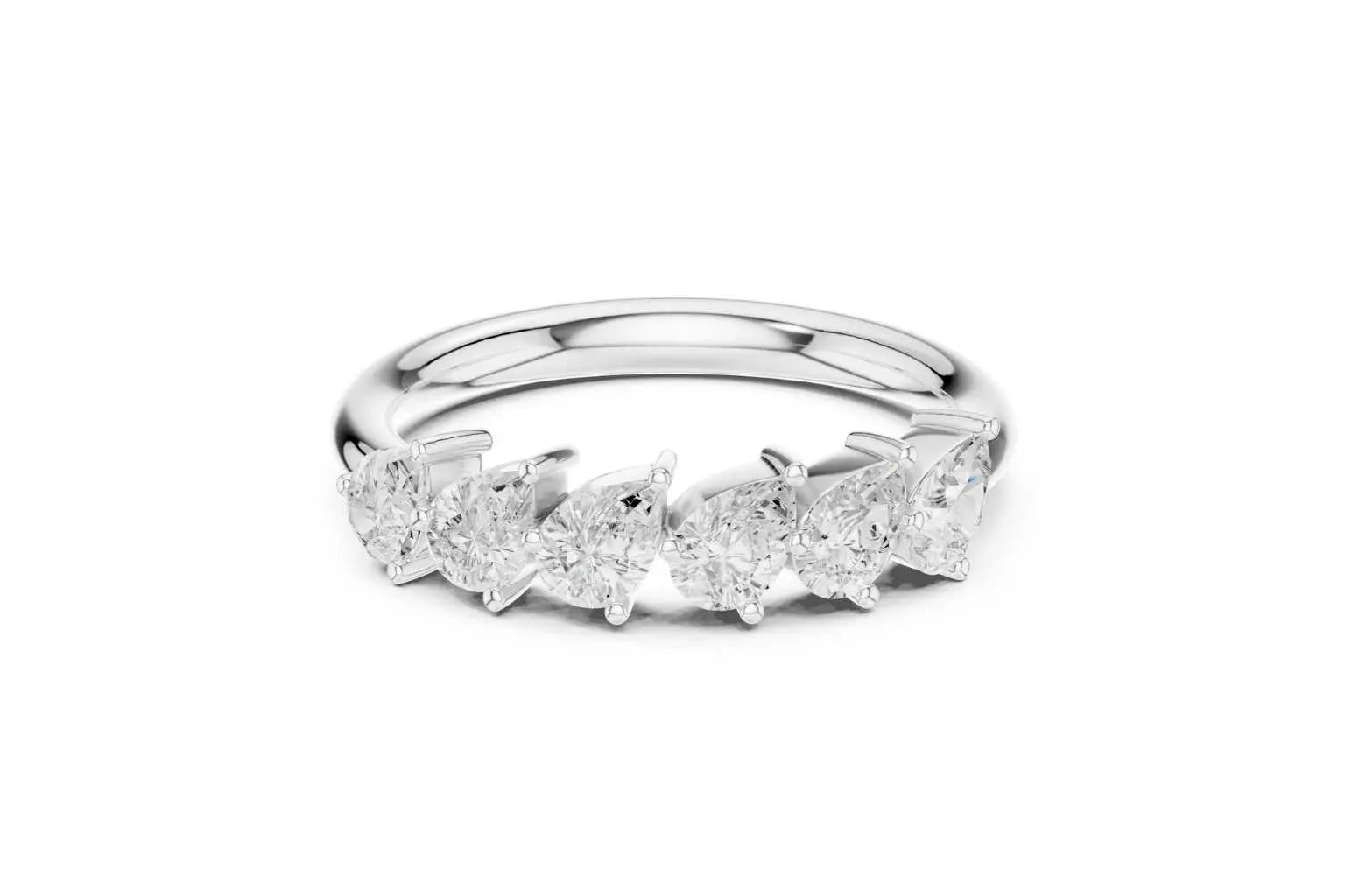 A front view of a dazzling half-band ring in highly reflective silver or white gold. The ring is set with six brilliant pear-shaped diamonds positioned horizontally across the top section of the band.