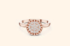 A straight-on view of a modern rose gold ring featuring a round center paved with brilliant diamonds, finished with a bold, beaded or milgrain border on a sleek band.