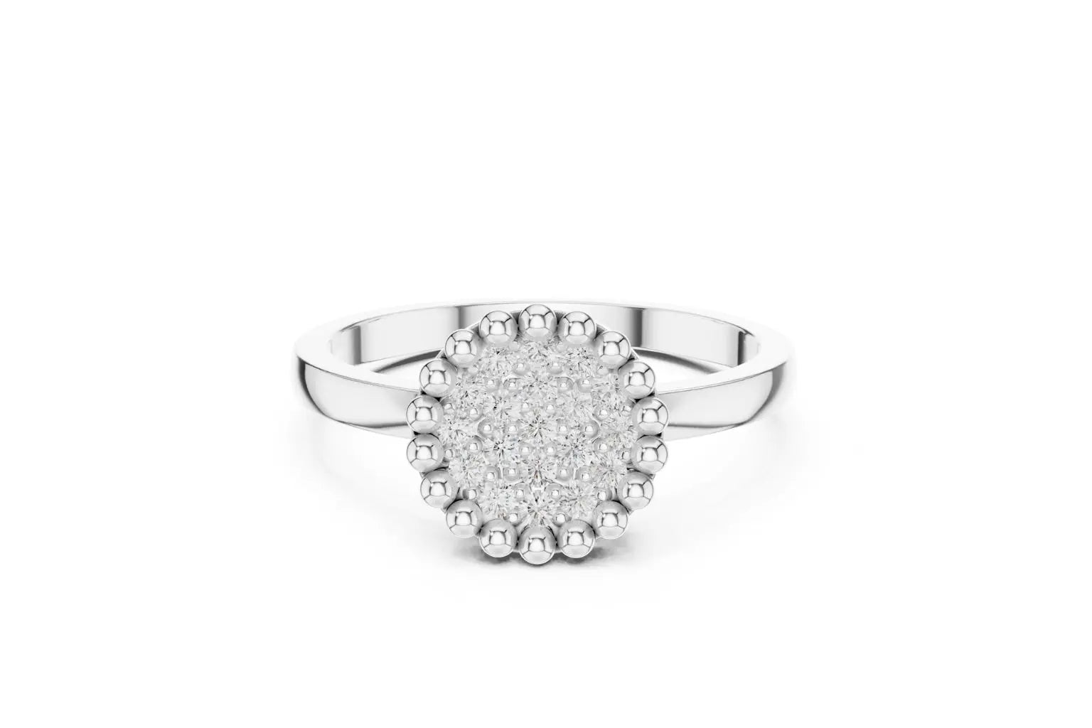 A straight-on view of a statement ring in polished silver or white gold. The round head is paved with diamonds and framed by a clear beaded or milgrain edge on a simple band.