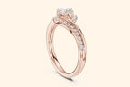 Elegant rose gold engagement ring with round diamond and ribbon-style setting 1