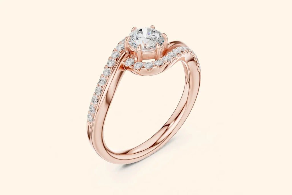 Elegant rose gold engagement ring with round diamond and ribbon-style setting 2