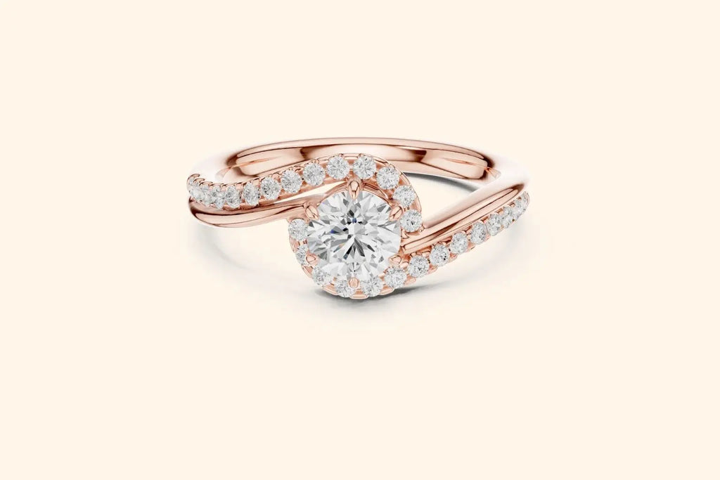 Elegant rose gold engagement ring with round diamond and ribbon-style setting 4