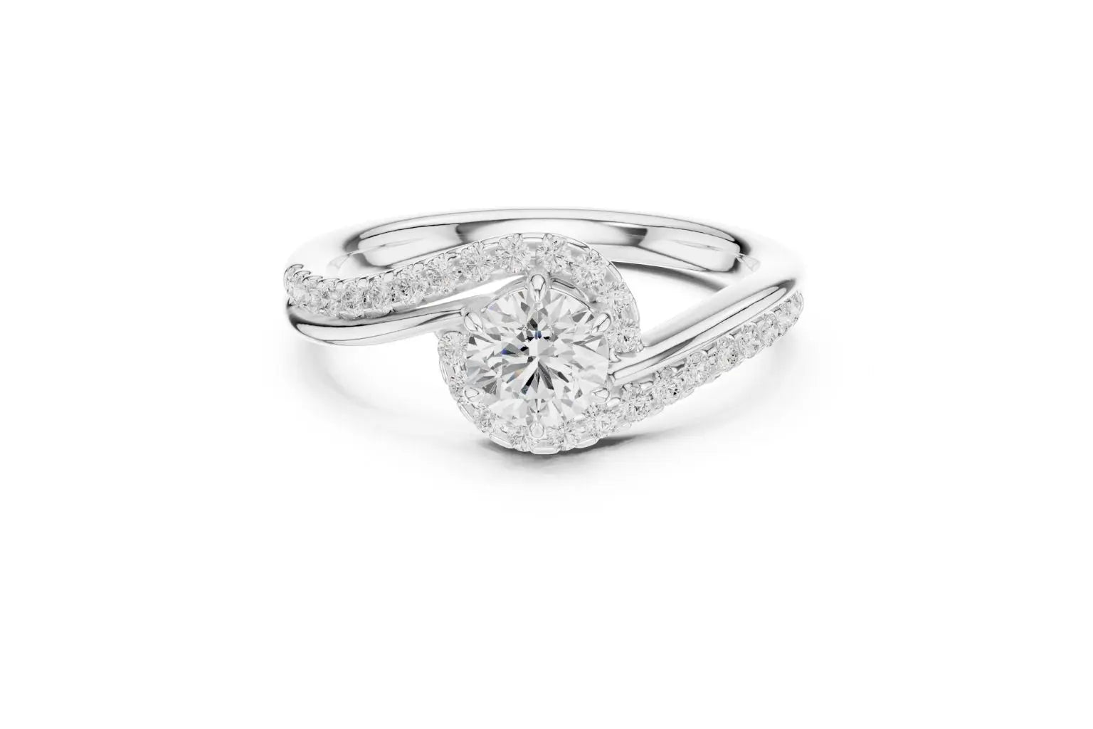Elegant Silver engagement ring with round diamond and ribbon-style setting