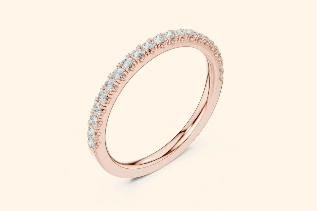 Rose gold ring with round-cut diamonds in a polished, elegant band design. 2