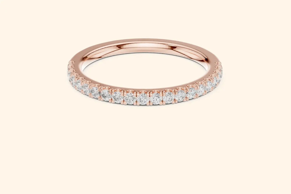 Rose gold ring with round-cut diamonds in a polished, elegant band design. 4
