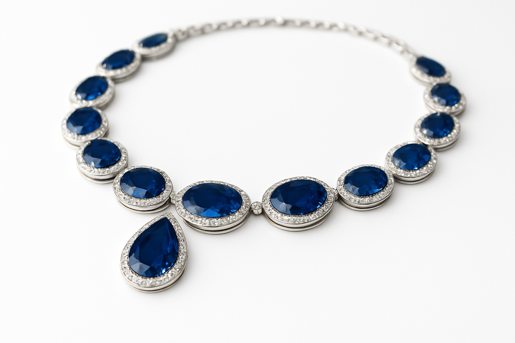 Blue sapphire necklace with white background