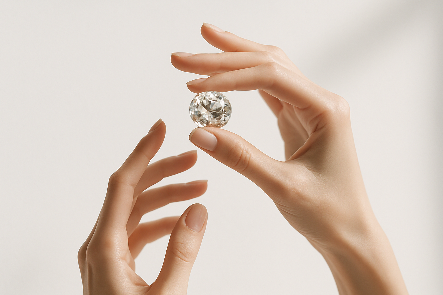Clean elegant hands holding sparkling gemstone on white background without any text