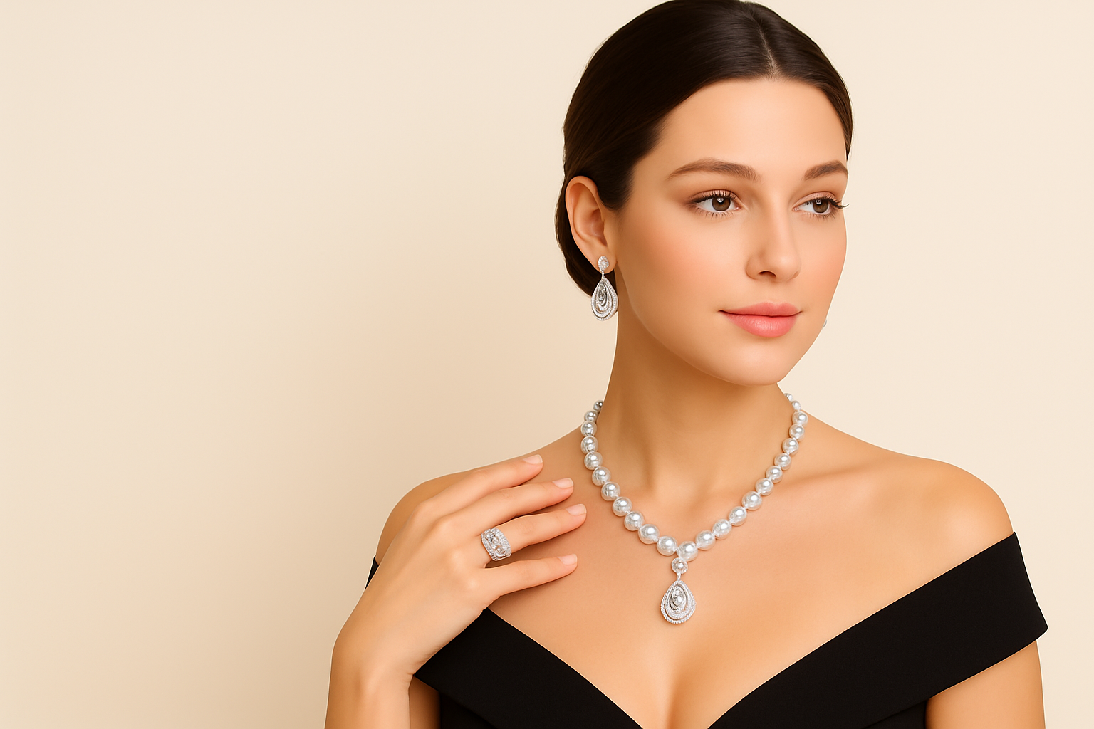 Elegant jewelry model with cream background