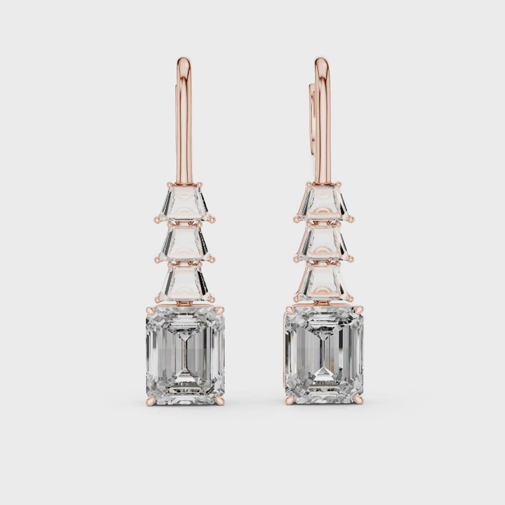 Emerald Cut Lab Grown Drop Earrings in Rose Gold