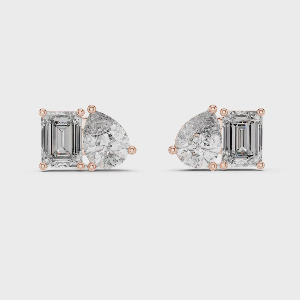 Emerald and Pear Cut Mixed-Shape Diamond Stud Earrings