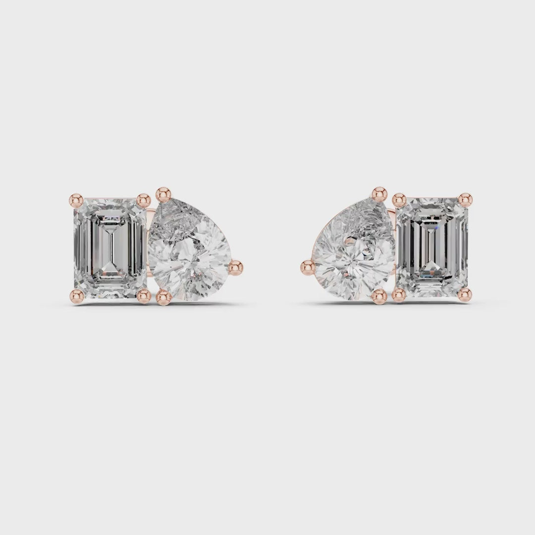 Emerald and Pear Cut Mixed-Shape Diamond Stud Earrings